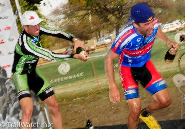 Jeremy Powers pays back his team-mate Tim Johnson with some bubbly.