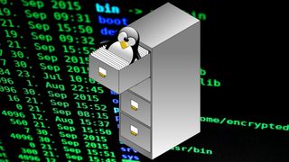 The Linux mascot, Tux, in a filing cabinet