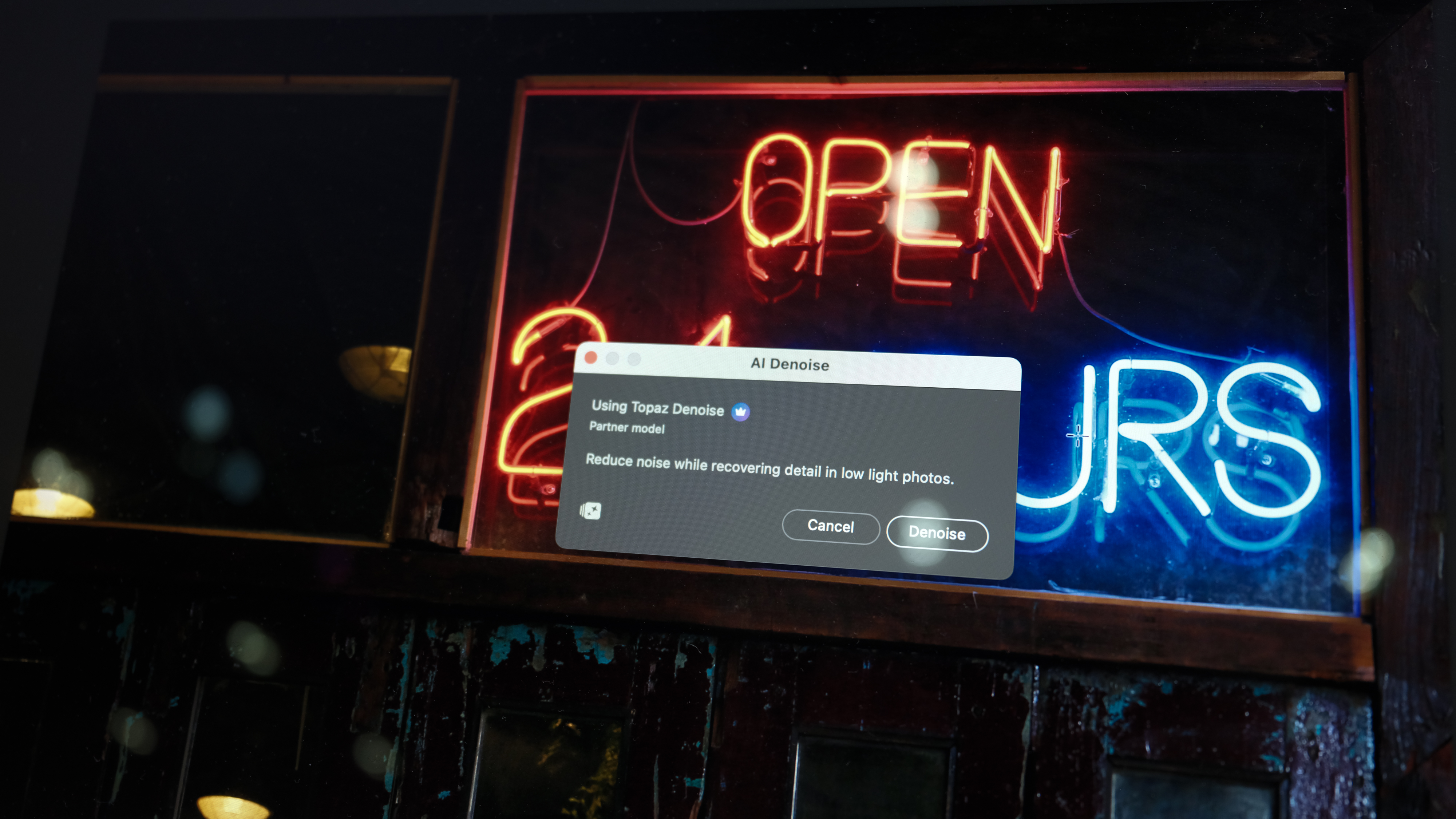 A photo of Topaz AI Denoise inside Photoshop 2026