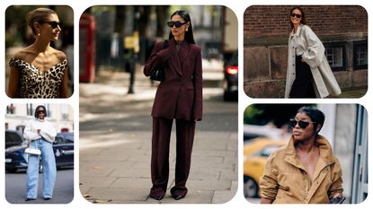 Fall and Winter 2024 trends in fashion month street style, including animal print, barrel jeans, burgundy, easy dressing, and barn jackets