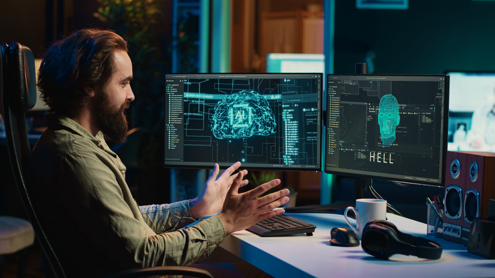 Pleased programmer proud of making sentient artificial intelligence ask existential questions. 