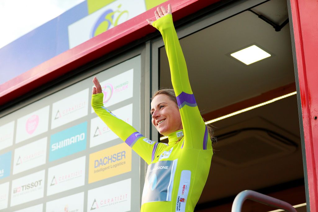 AGUILAR DE CAMPOO SPAIN SEPTEMBER 09 Annemiek Van Vleuten of Netherlands and Movistar Team Women celebrates winning the Green Points jersey on the podium ceremony after the 8th Ceratizit Challenge By La Vuelta 2022 Stage 3 a 964km stage from Camargo to Aguilar de Campoo CERATIZITChallenge22 UCIWWT on on September 09 2022 in Camargo Spain Photo by Gonzalo Arroyo MorenoGetty Images