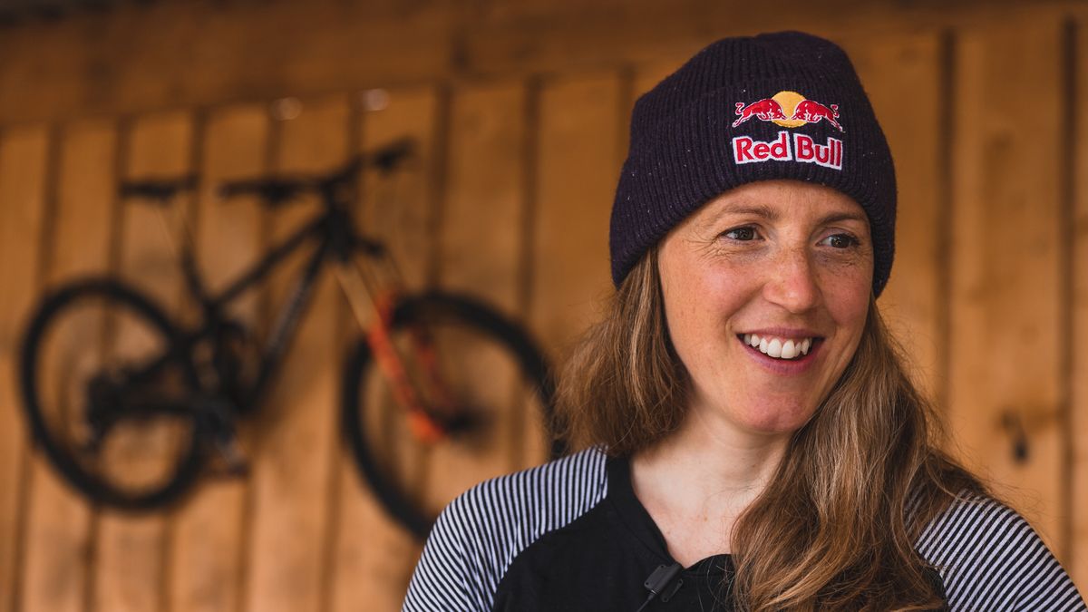 Rachel Atherton portrait image wearing Red Bull beanie