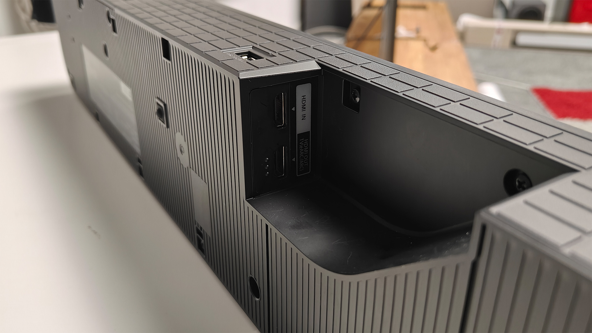 Sony Bravia Theatre Bar 7 + S soundbar package on its end showing connections cove