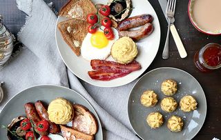 full English breakfast with savoury parsnip-topped muffins