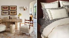 The Anthropologie Katie Hodges cool California inspired collection with a living room with a fuzzy chair and a floral bed with dark red-ish wall paint