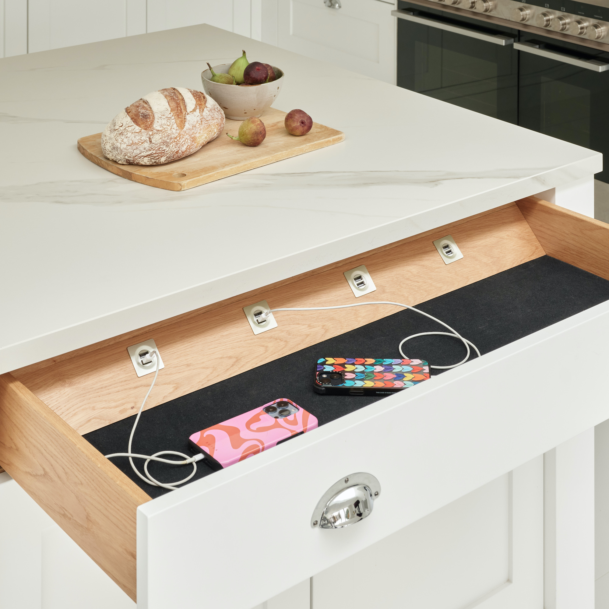kitchen drawer with charging points inside
