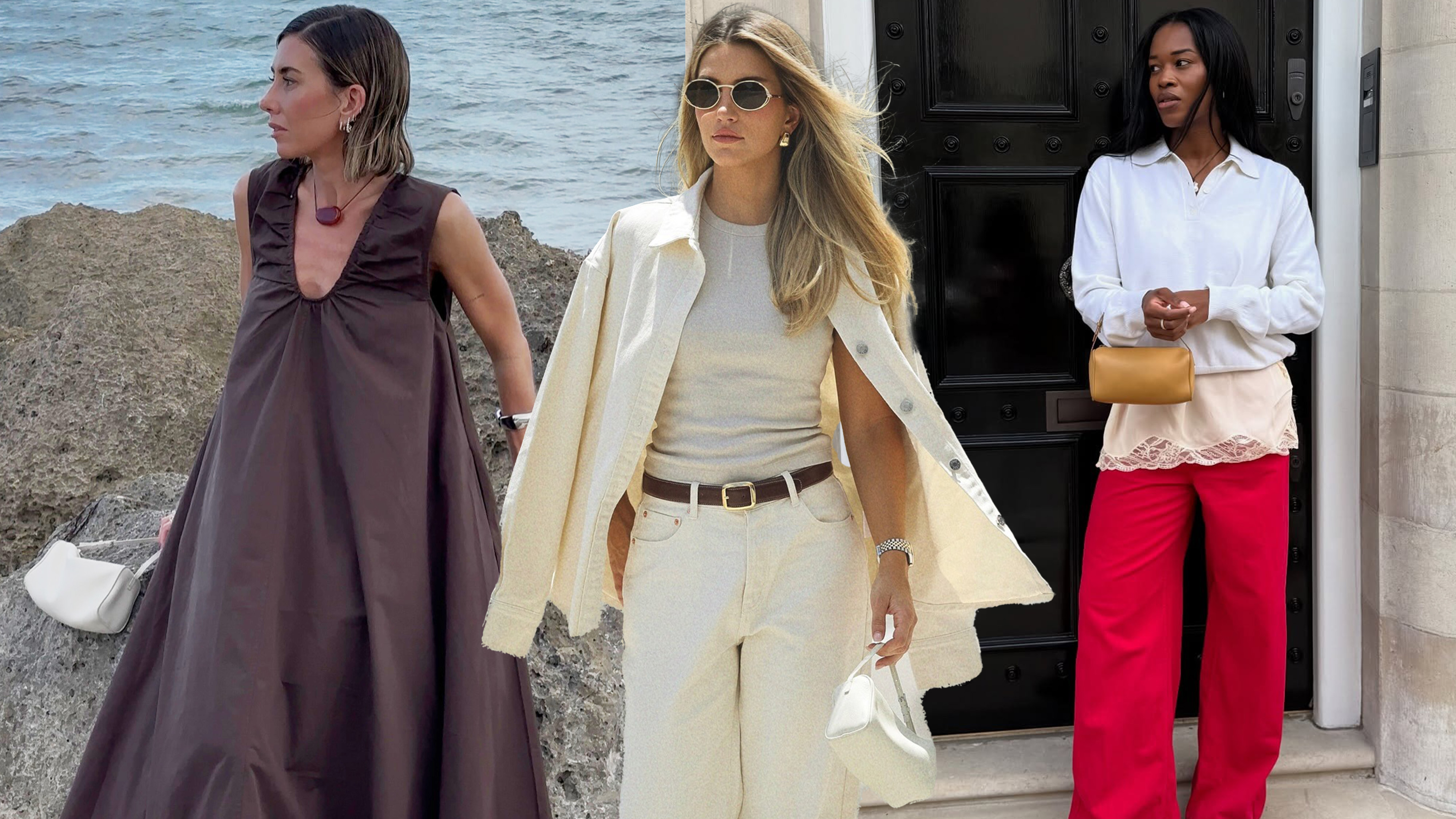 A collage of three women wearing The Row's 90's bag.