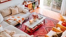 Living room with red rug and sofa