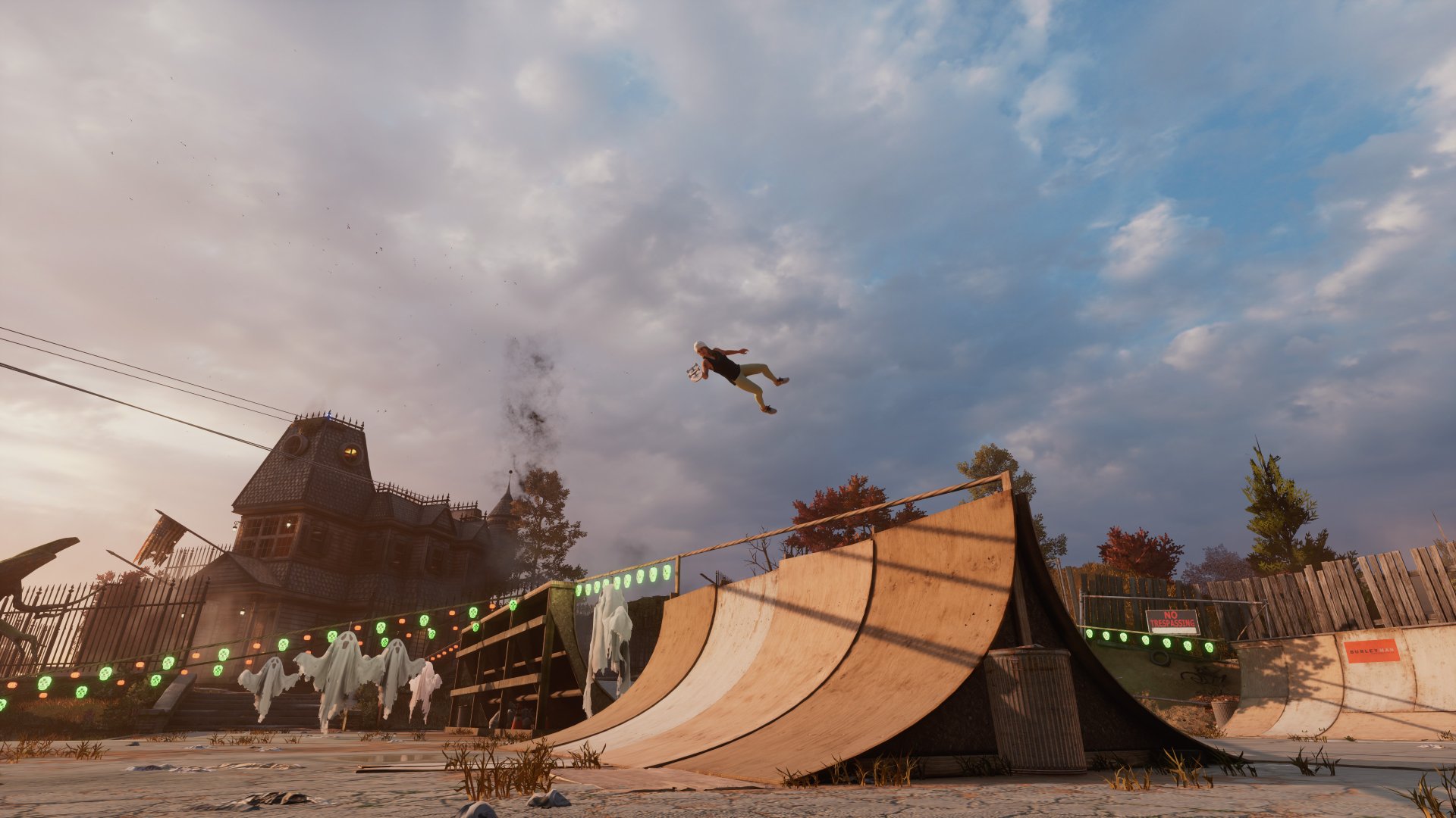 Tony Hawk's Pro Skater 3 + 4 screenshot of a skateboard in midair going after going up a ramp in a skate park