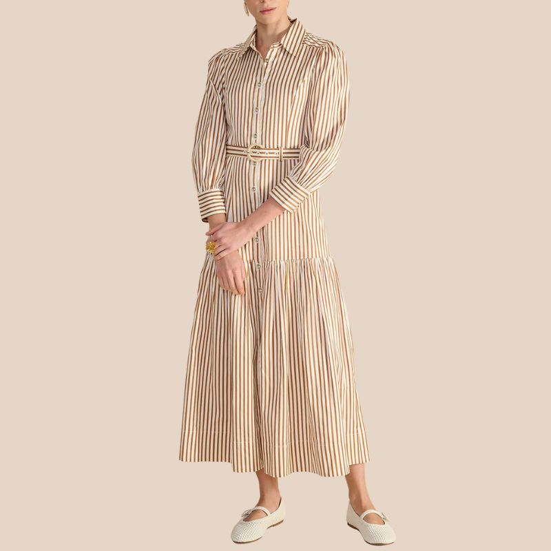 Beulah London Helena Toffee Stripe Dress on model 