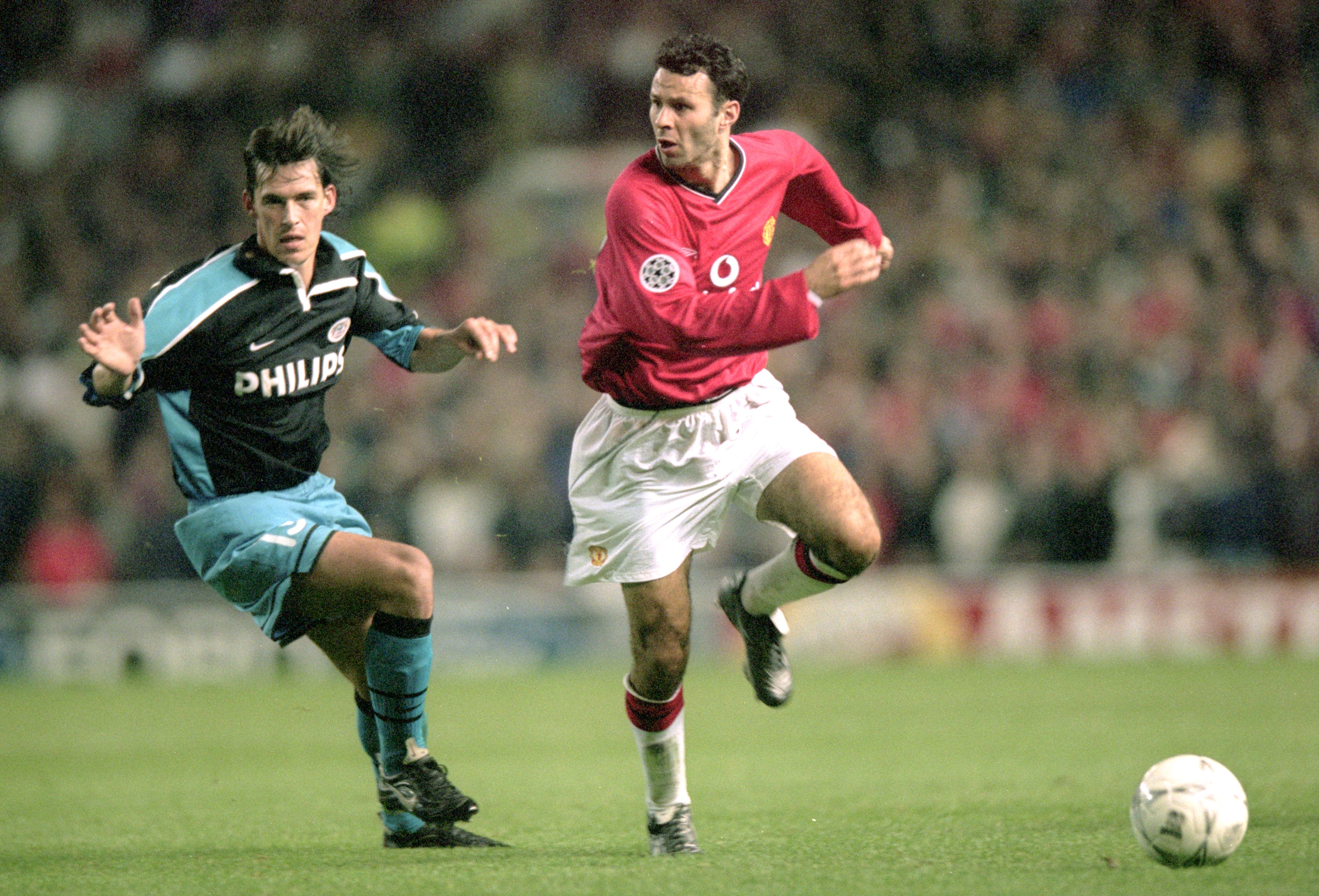 Ryan Giggs on the ball for Manchester United against PSV in the Champions League in October 2000.