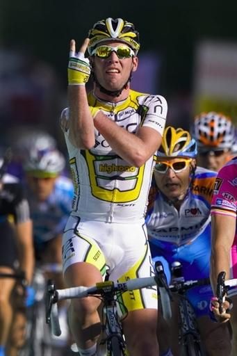 Mark Cavendish (HTC-Columbia) gives an obscene gesture aimed at his detractors after winning stage 2 of the Tour de Romandie.