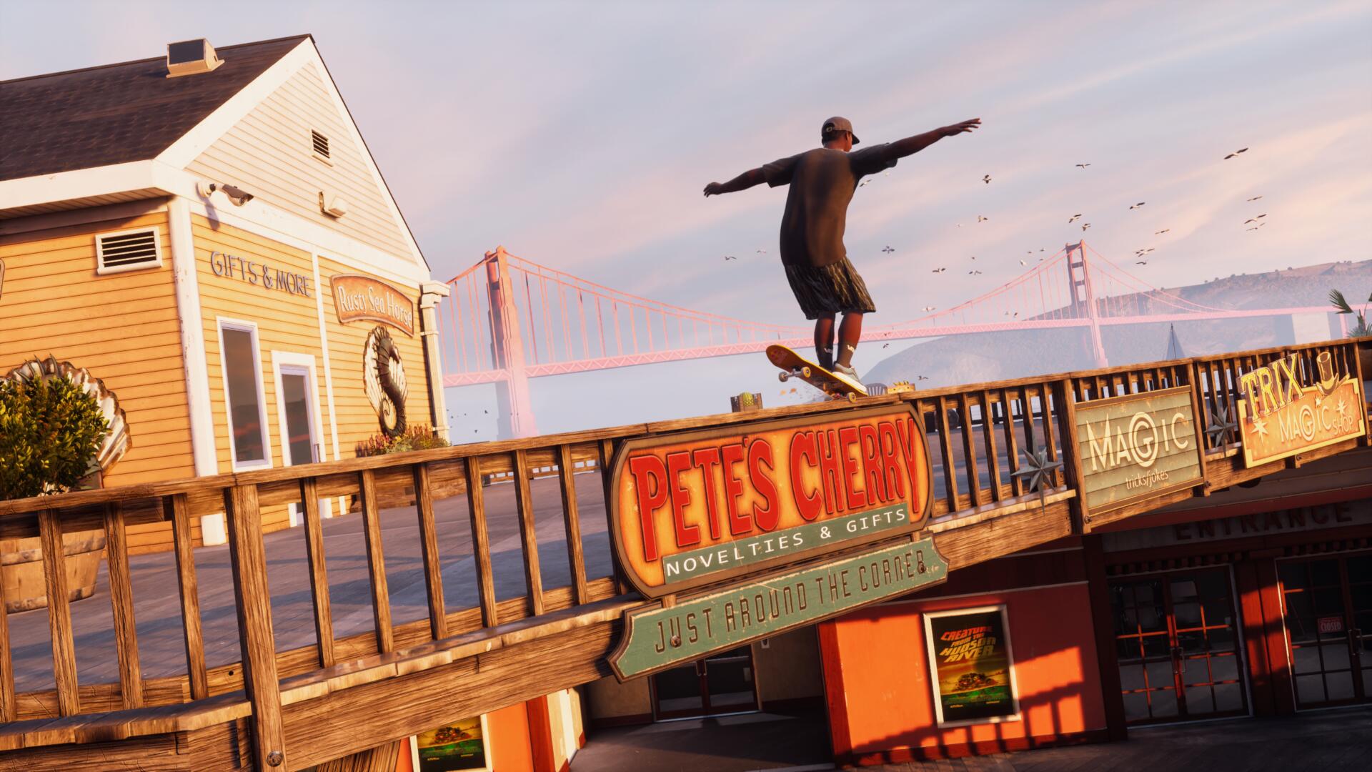 Zion Wright grinds along a wooden balustrade in in Tony Hawk's Pro Skater 3 + 4's San Francisco level