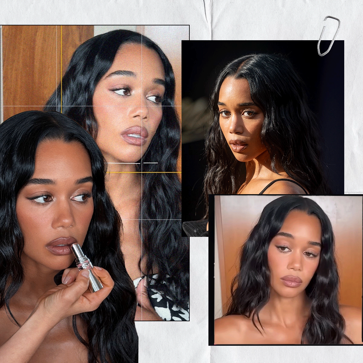 Photo collage of Laura Harrier getting ready before the Michael movie premiere 