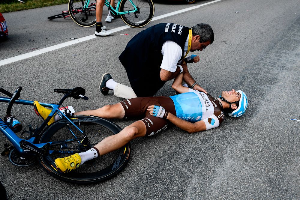 Axel Domont shoulder after he was caught in a massive pack fall in the last kilometers of the fourth stage of the 105th edition of the Tour de France