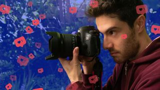 Peter Fenech with Canon DSLR camera with overlaid floral-like wallpaper of falling cameras