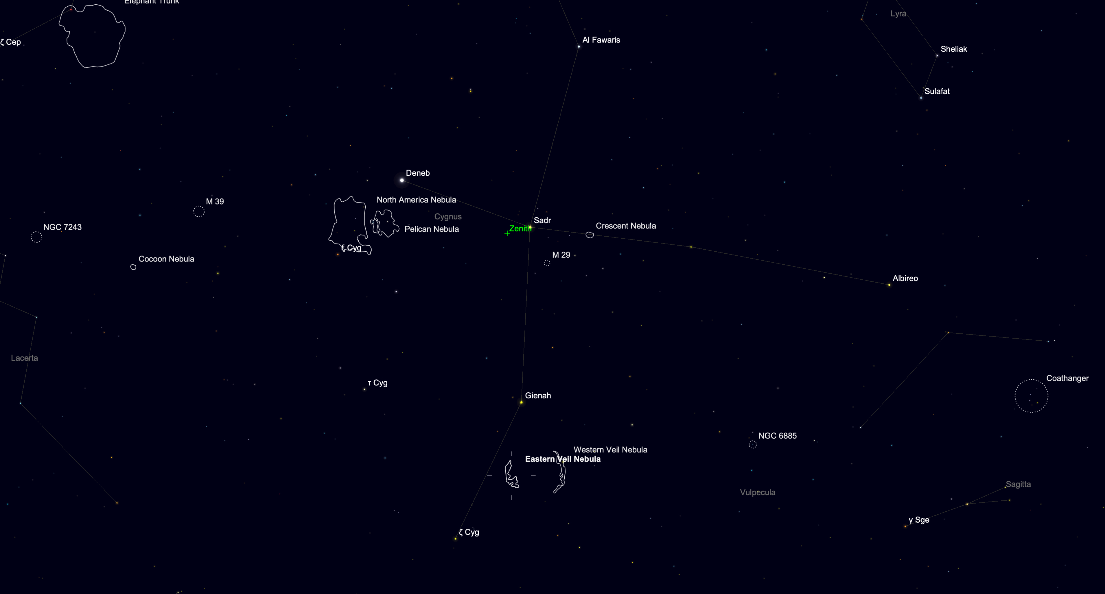 Star chart showing the location of the Eastern and Western Veil Nebula in the constellation Cygnus on Sept. 11, 2026.