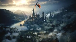 Hogwarts Legacy trailer - a Dragon flies far above Hogwarts