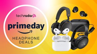 AirPods Pro 2, Bose QuietComfort SC, Sennheiser Momentum 4 Wireless and Anker Soundcore A20i headphones on pink and yellow gradient background, with &quot;Prime Day Headphone Deals&quot; text.