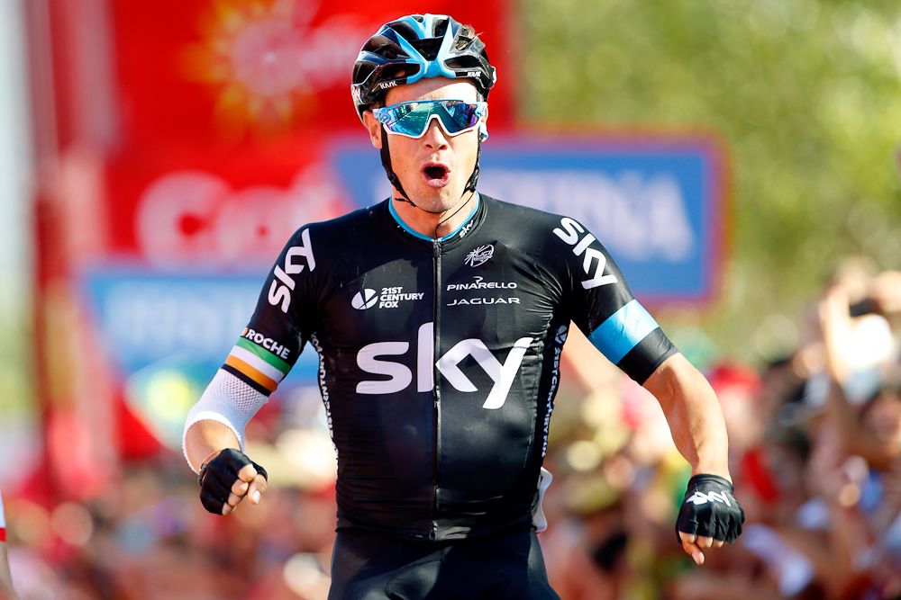 Nicolas Roche celebrates his stage 18 win at the 2015 Vuelta a Espana.