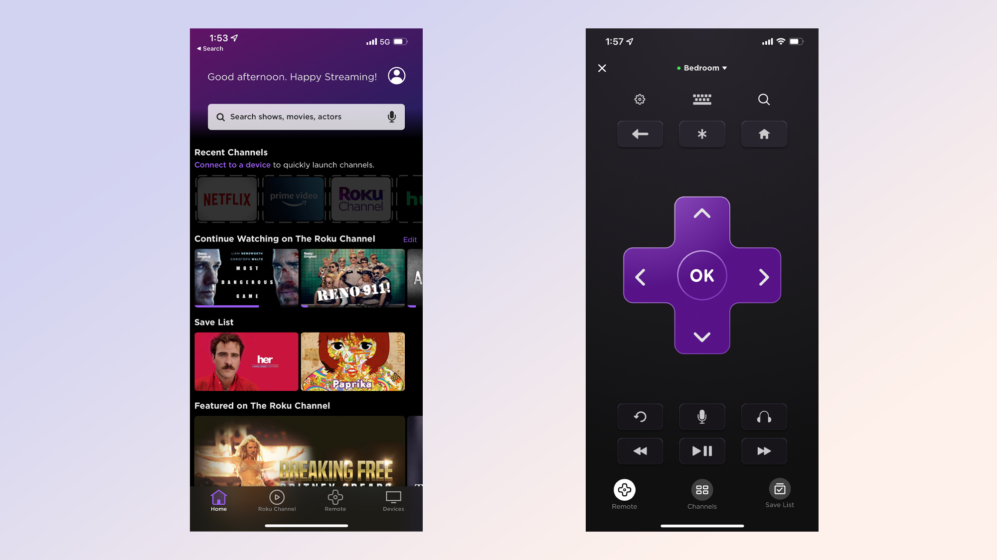 Roku Channel and Remote tabs of the Roku remote app