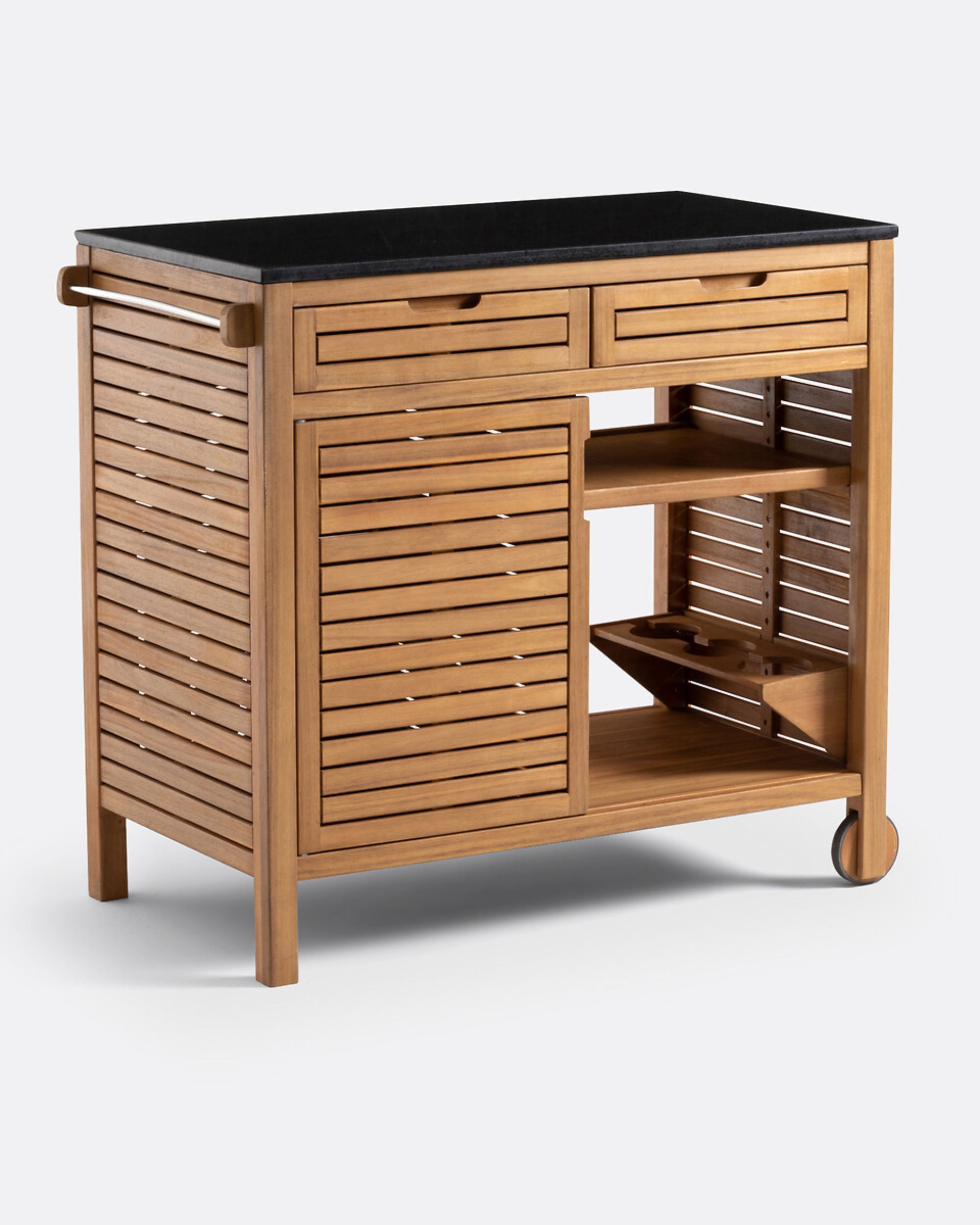 Wooden outdoor kitchen unit with two drawers, a cupboard, an open shelf, and a granite worktop.