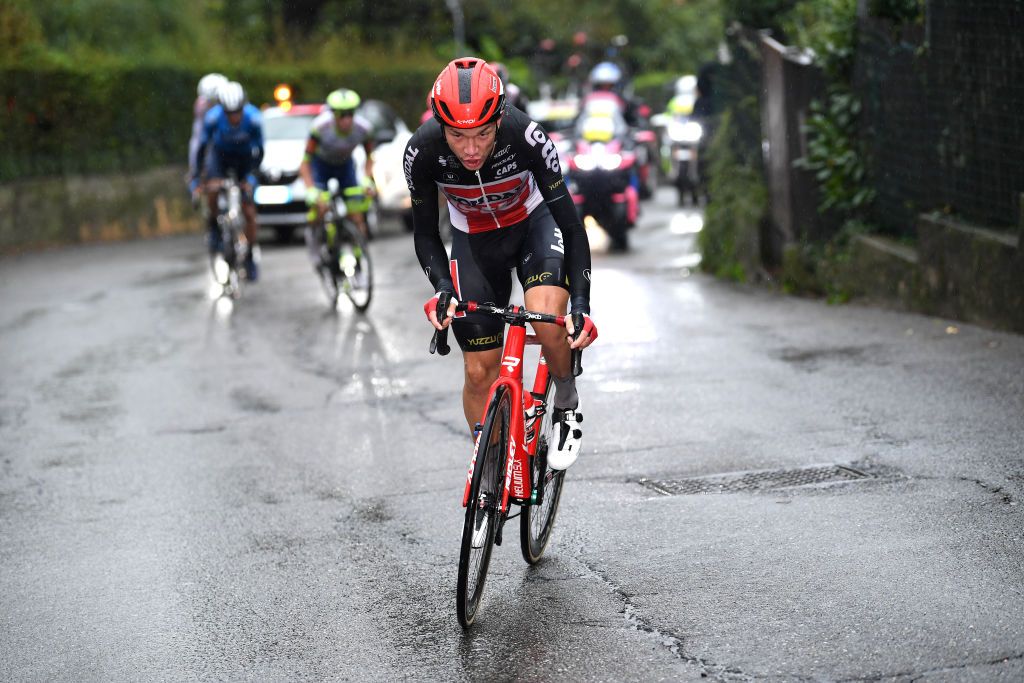 VARESE ITALY OCTOBER 05 Andreas Lorentz Kron of Denmark and Team Lotto Soudal competes in the breakaway during the 100th Tre Valli Varesine a 1967km race from Busto Arsizio to Varese 377m AlfredoBindaVa on October 05 2021 in Varese Italy Photo by Tim de WaeleGetty Images