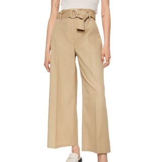 Beige straight leg trousers with belted waist 
