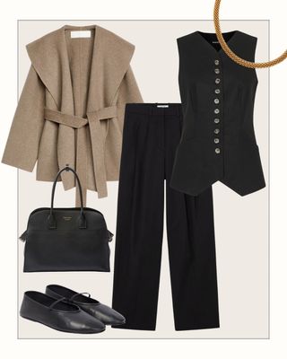 Collage of coat, tailored trousers, waistcoat, bag, ballet flats, necklace