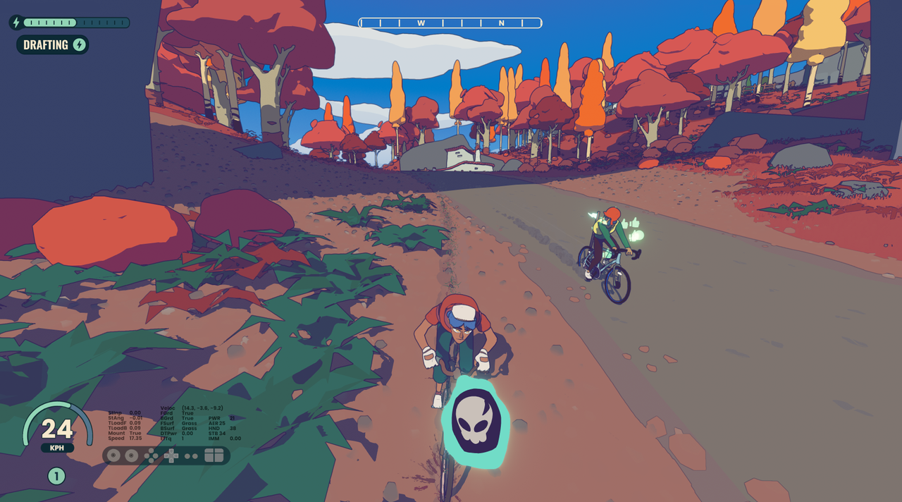 Wheel World indie developer interview; images from a video game of a cyclist riding through a stylised video game world