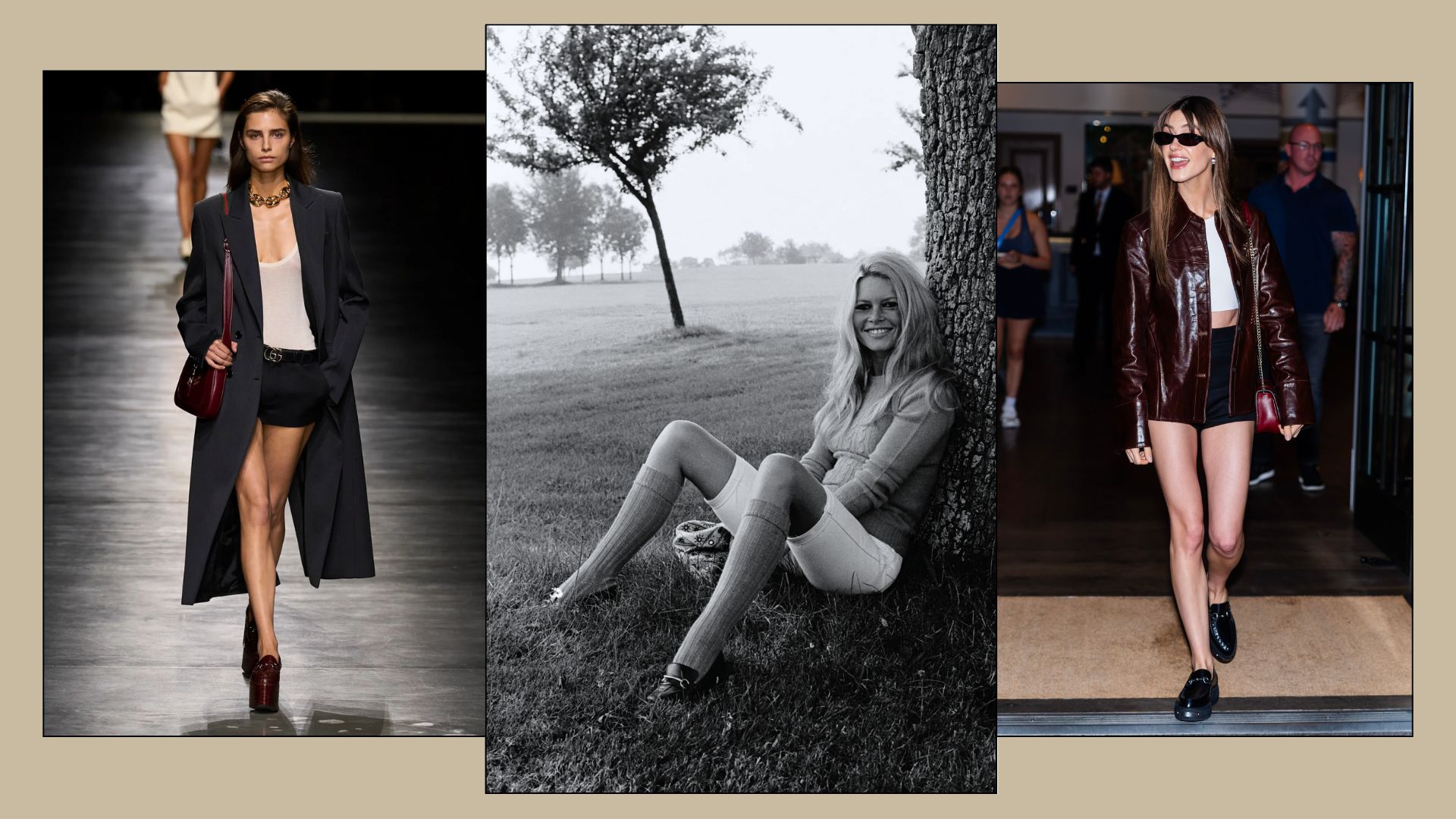 A collage of the best Gucci loafers, including on the spring/summer 2024 runway, Daisy Edgar-Jones and Brigitte Bardot.