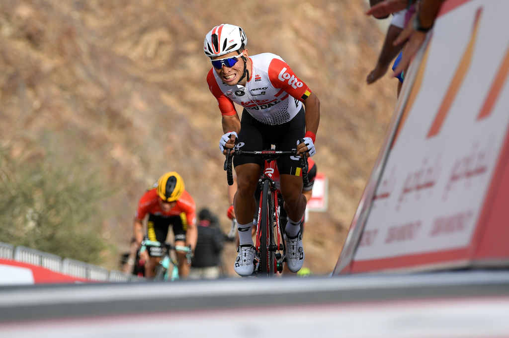 HATTA DAM UNITED ARAB EMIRATES FEBRUARY 27 Arrival Caleb Ewan of Australia and Team Lotto Soudal Celebration during the 5th UAE Tour 2019 Stage 4 a 197km stage from Palm Jumeirah Dubai to Hatta Dam 419m UAETour on February 27 2019 in Hatta Dam United Arab Emirates Photo by Justin SetterfieldGetty Images