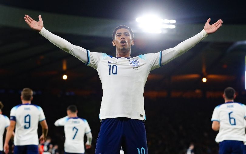 Jude Bellingham celebrates scoring in a friendly against Scotland