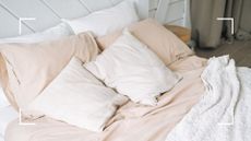  picture of bed with beige bedding 