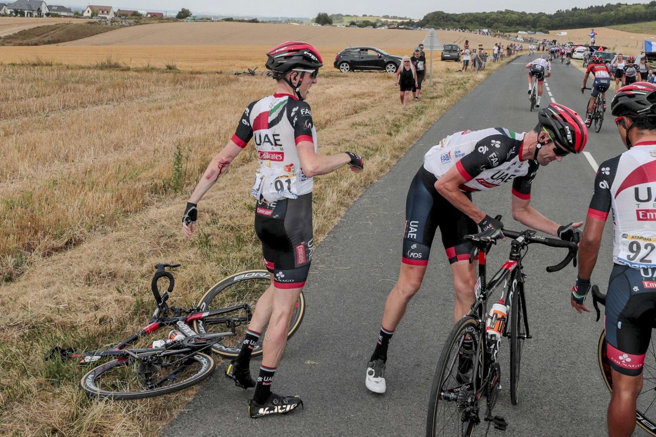 Dan Martin (UAE Team Emirates) gets up after his crash