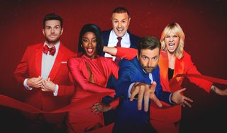 A composite shot of the Comic Relief 2023 presenters: Joel Dommett, AJ Odudu, Paddy McGuinness, David Tennant and Zoe Ball. They are in front of a red background and everyone is wearing red outfits, except for Paddy, who is wearing a dark suit with a maroon tie, and David, who is wearing a blue suit with a blue tie