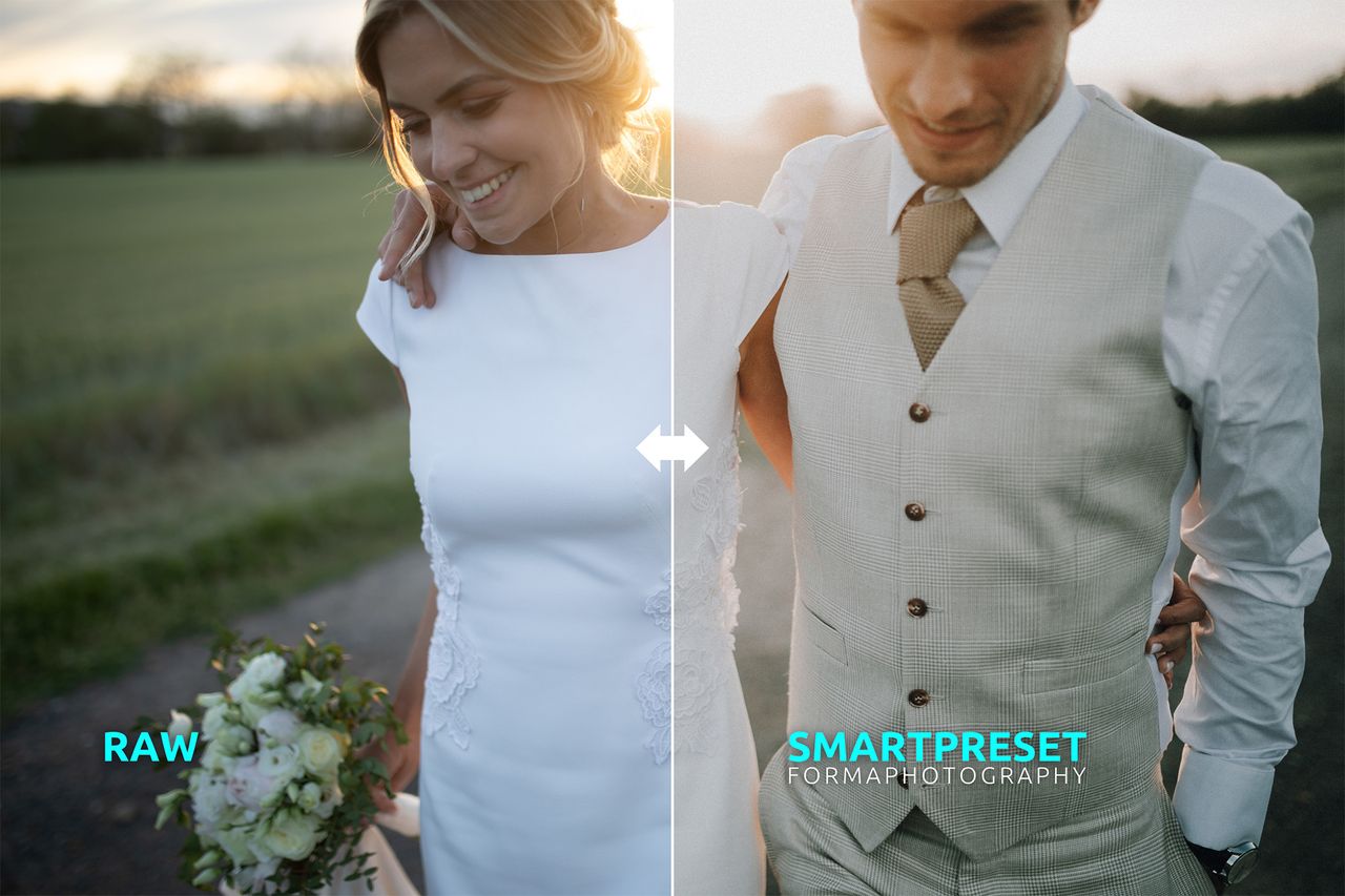 Neurapix before and after image of a bride and groom arm-in-arm outside during golden hour