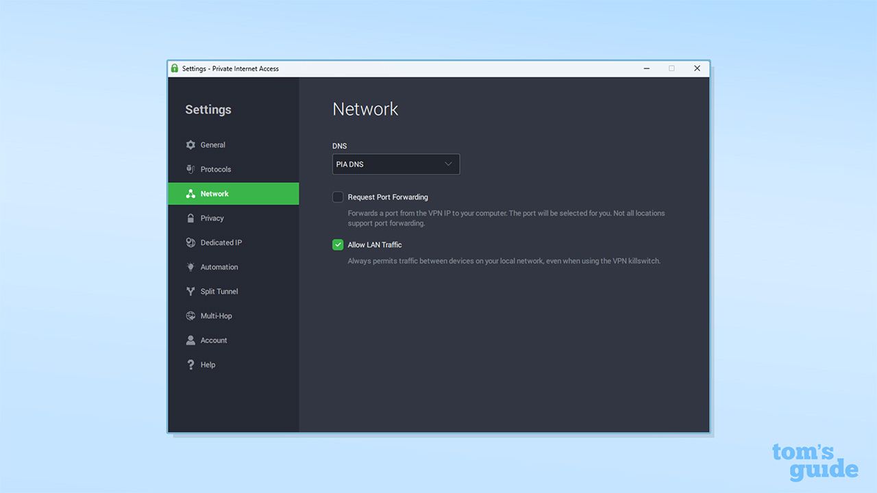PIA's network settings on its Windows app. There are options for DNS (PIA DNS selected), request port forwarding (turned off) and allow LAN traffic (turned on).