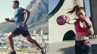 left image: man running outdoors and right image: woman boxing with boxing gloves outdoors, right arm punching out