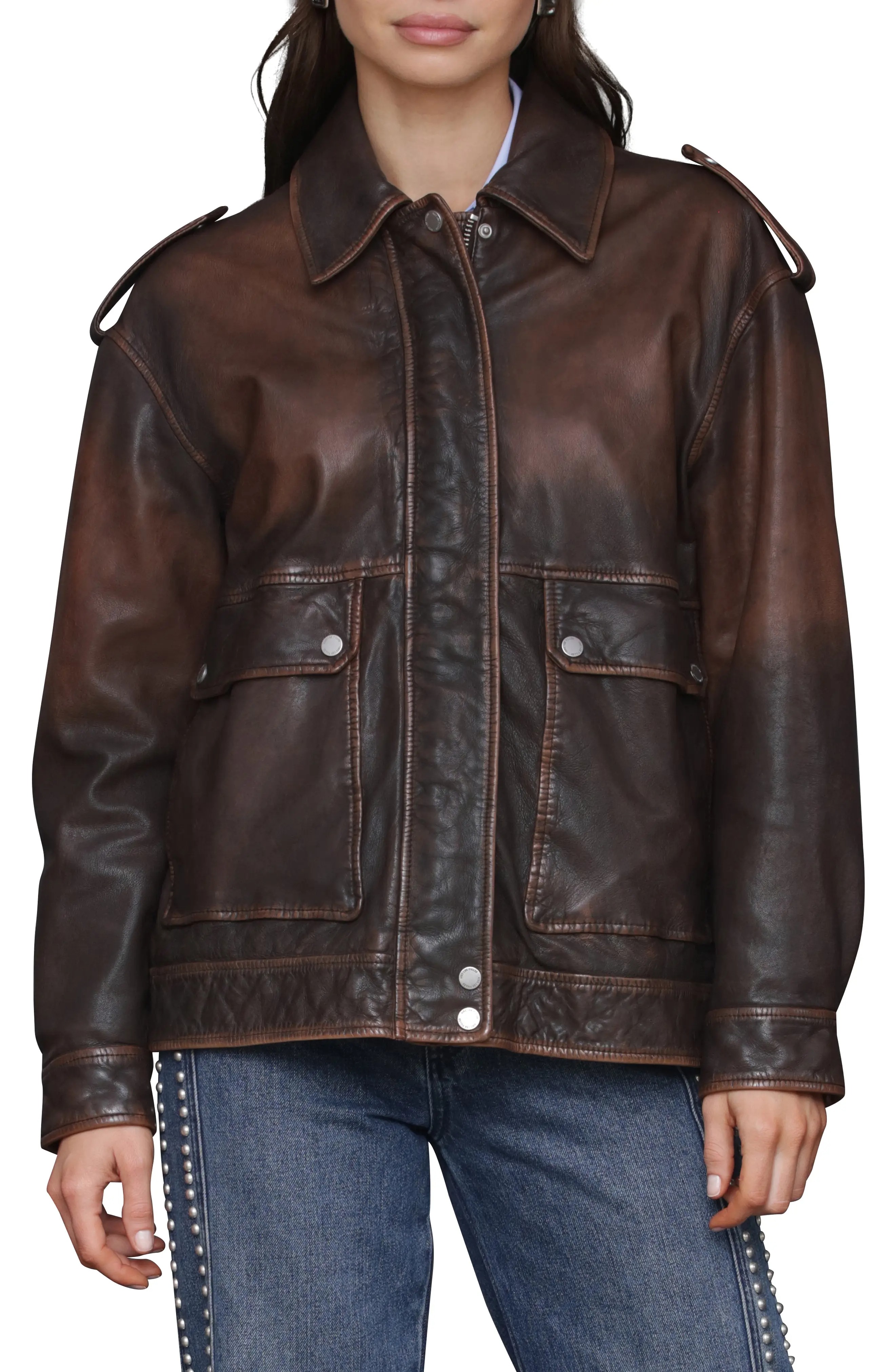 Avec Les Filles, Pieced Back Leather Bomber Jacket