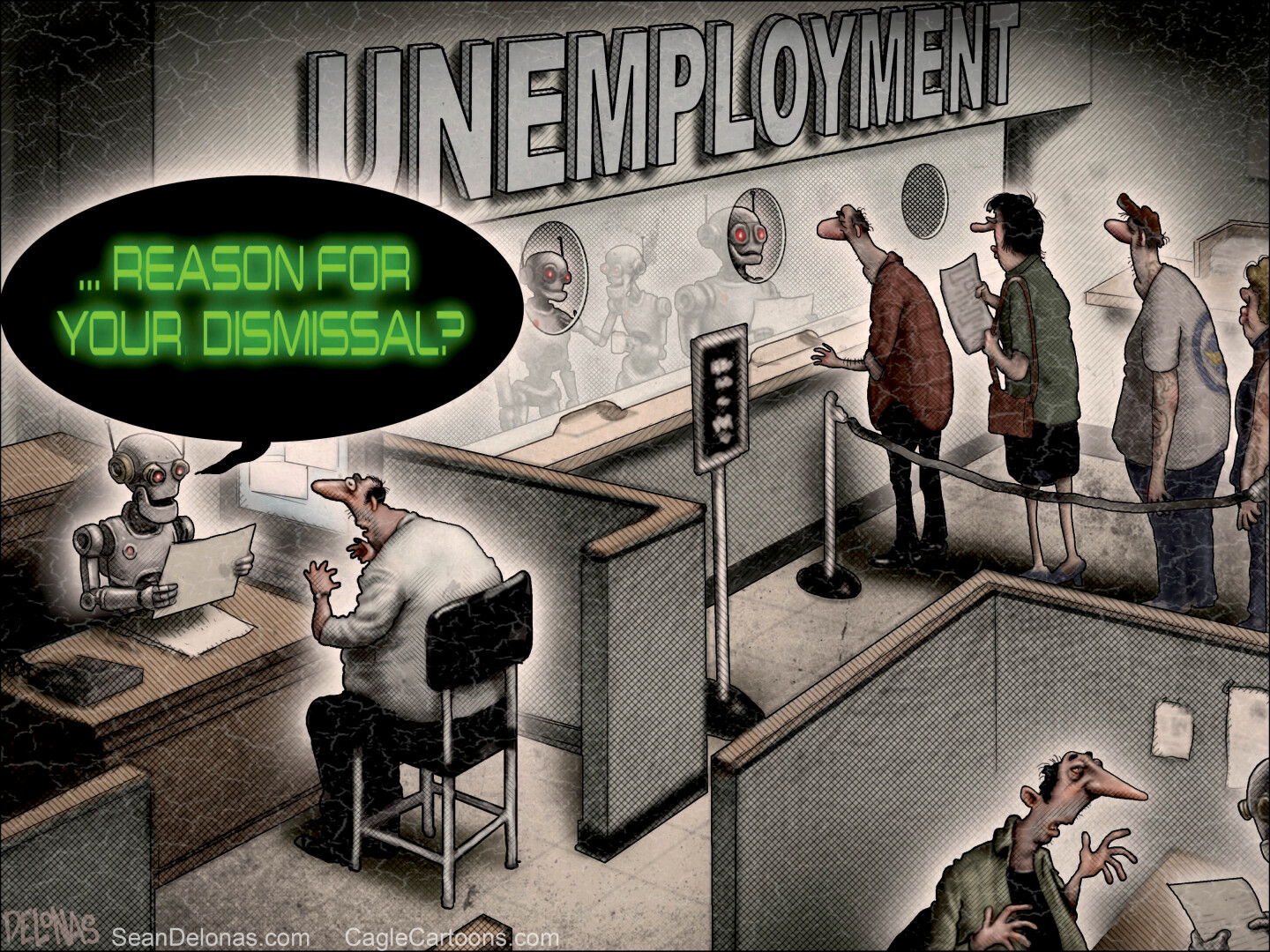 People line up at an unemployment office where all the positions there are staffed by robots. A man at a desk speaks to a robot who asks him in a robotic typeface, &amp;ldquo;Reason for your dismissal?&amp;rdquo;