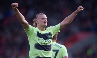 Erling Haaland celebrates after scoring his team's third goal during the Premier League match between Southampton and Manchester City at St. Mary's Stadium on April 8, 2023 in Southampton, United Kingdom.