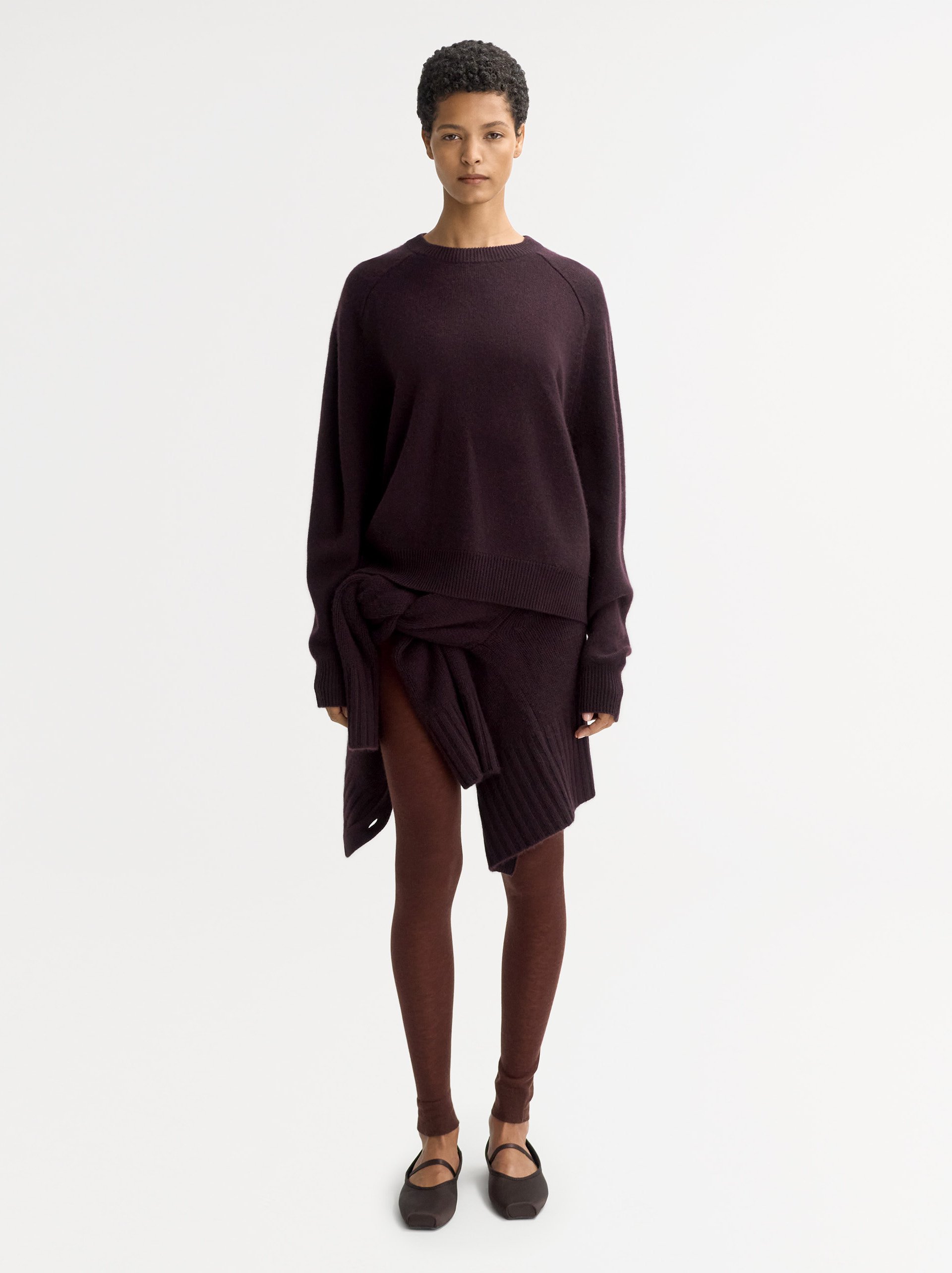 Model wearing a burgundy Soft Goat jumper