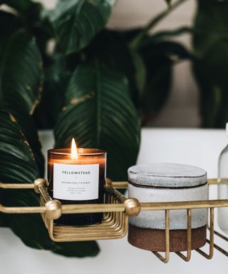 A candle in an amber glass jar nestled in a gold metal wire bath caddy. Leaves of a dark green plant behind.