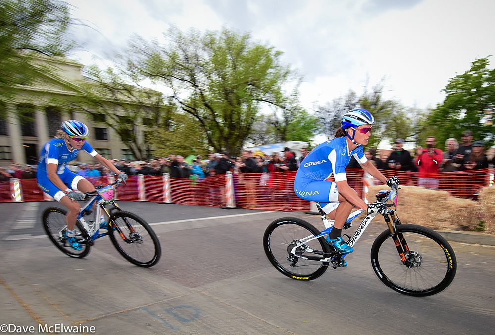 Katerina Nash (Luna) and team-mate Maghalie Rochette riding in pursuit of Woodruff and Gould