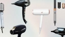 Collage of the best hair dryers for fine hair, including Babyliss, ghd, Panasonic, T3, REVAMP and Dyson, on a pastel watercolour background