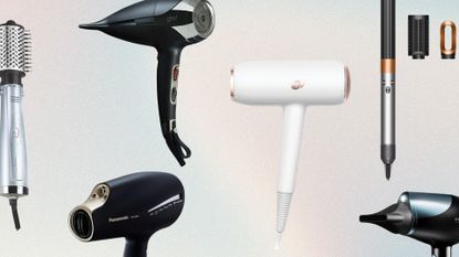 Collage of the best hair dryers for fine hair, including Babyliss, ghd, Panasonic, T3, REVAMP and Dyson, on a pastel watercolour background