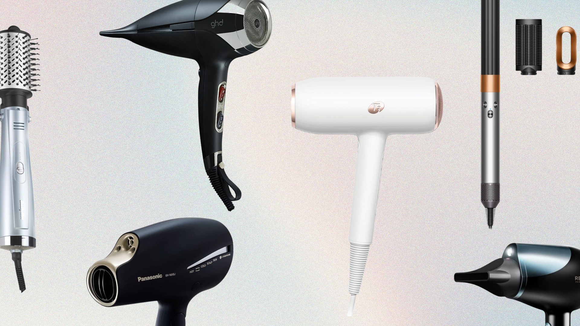 Collage of the best hair dryers for fine hair, including Babyliss, ghd, Panasonic, T3, REVAMP and Dyson, on a pastel watercolour background