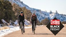 Two cyclists wearing Backcountry products, with the Cycling Weekly Black Friday deals roundal